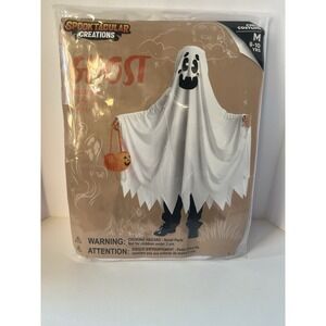 Ghost Costume for Kids with Pumpkin Basket | Scary Halloween Outfit 8-10 yr SZ M